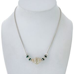 Vintage Artisan Sterling Silver 925 Green Enamel Beaded Wheat Chain Necklace 16"